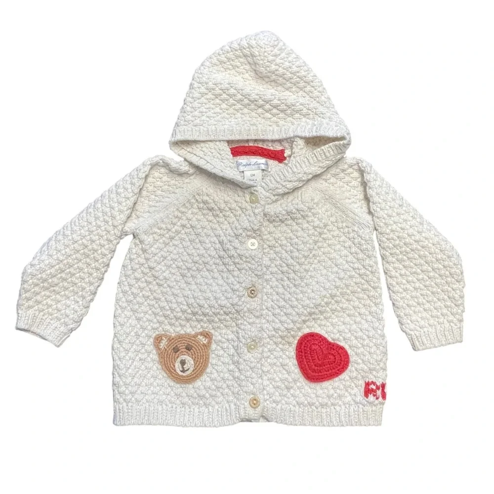 Ralph Lauren Baby Cream Quilted Knit Teddy‎ Bear Heart Hoodie Cardigan 12M